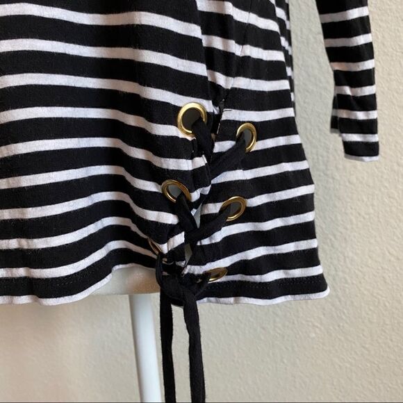 MICHAEL Michael Kors Black Stripe Front Tie 3/4 Sleeve Stretchy Top Large - Picture 3 of 11